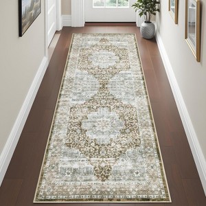 Elegant Floral Rug, Washable Low Pile Carpet, Foldable Non-Slip Runner, Easy Clean Accent Rug for Bedroom - 1 of 4