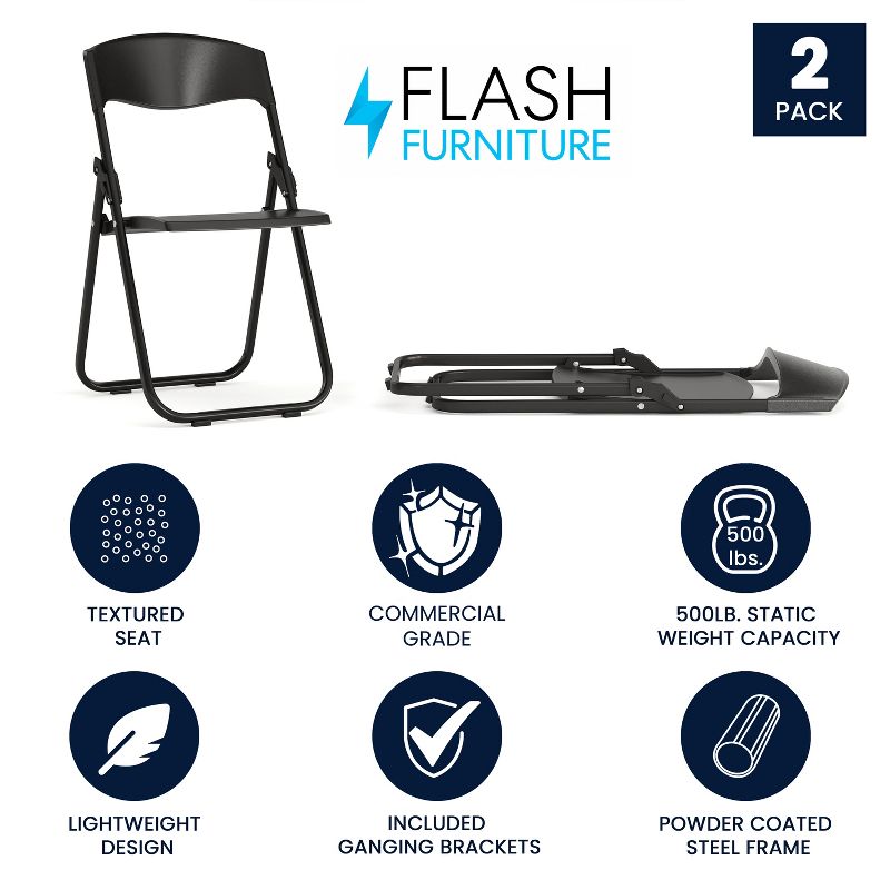 Flash Furniture 2 Pack HERCULES Series 500 lb. Capacity Heavy Duty Plastic Folding Chair with Built-in Ganging Brackets, 2 of 17