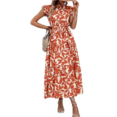Floral Maxi Dress for Women Ruffled Cap Sleeve A Line Dress with Crew Neck Highwaist Tiered Dress Belted Maxi Sundress Garden Party Dress