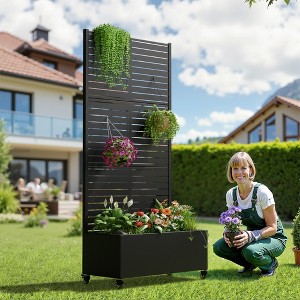 Wooakway Metal Planter Box with Trellis Raised Garden Bed with Arbor Privacy Screen Black/Gray/brown - 1 of 4
