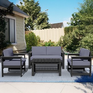 Hyleory HDPE 4-Piece Outdoor Sofa Set with Cushions, Conversation Set Including One Loveseat, Two Accent Chairs and a Coffee Table - 1 of 4