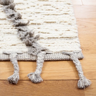 Ivory and Grey Hand-Knotted Wool Runner Rug