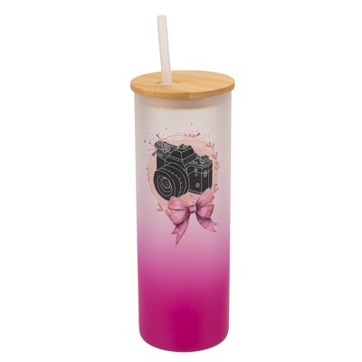 Elanze Designs 25 Ounce Frosted Glass Gradient Travel Tumbler With Straw and Wooden Lid, Camera Bow Pink
