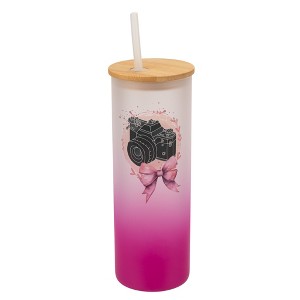 Elanze Designs 25 Ounce Frosted Glass Gradient Travel Tumbler With Straw and Wooden Lid, Camera Bow Pink - 1 of 1