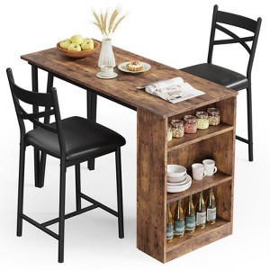 Bar Table Set of 2 with 3 Storage Shelves, Extendable Dining Table with 2 Cushioned Chairs - 1 of 4