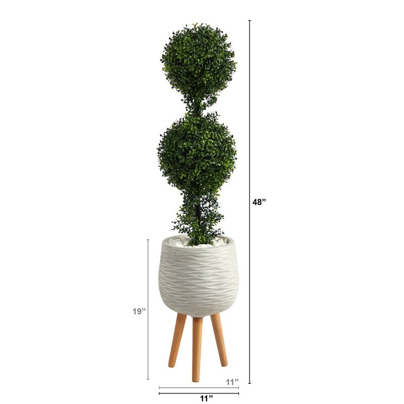 Nearly Natural 4-ft Boxwood Double Ball Topiary Artificial Tree in White Planter with Stand (Indoor/Outdoor), 2 of 5