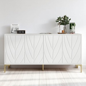 60" Sideboard Buffet Cabinet,Carved Credenza Storage with 4 Doors,Adjustable Shelves,Press-to-Open Design, Handleless Wooden Accent Cabinet - 1 of 4