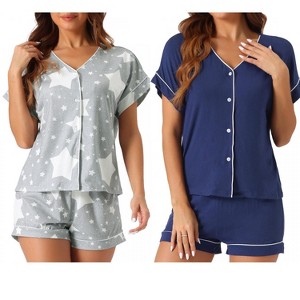 cheibear Women's Modal Button Up Short Sleeve T-shirt and Shorts Pajama Sets 2 Pcs - 1 of 4