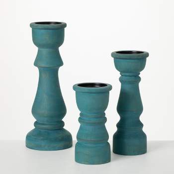 Sullivans Turquoise Wood Pillar Candle Holders Set of 3, 13.25"H, 10"H & 7.5"H Multicolored