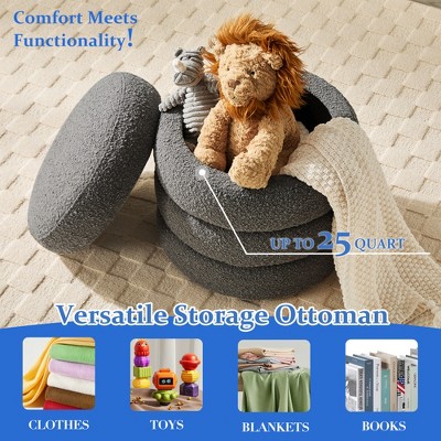Gericco 16.9" Round Ottoman with Storage for Living Room Small Boucle Foot Stool Modern Upholstered Vanity Stool Ottoman Foot Rest