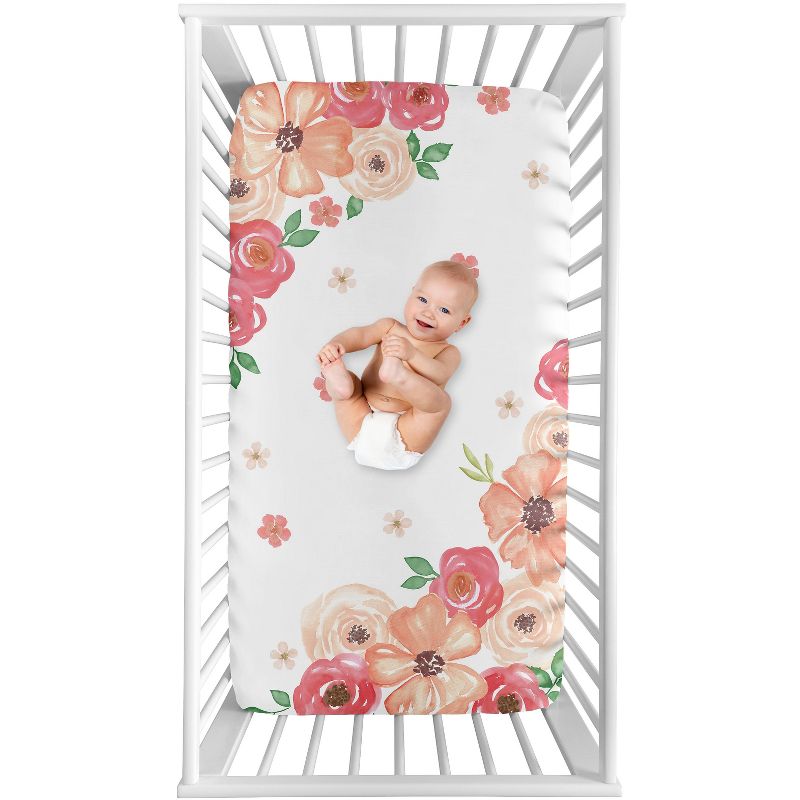 Sweet Jojo Designs Girl Photo Op Fitted Crib Sheet Watercolor Floral  Peach and Green, 1 of 6