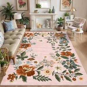 Washable Area Rug, Floral Non-Slip Non-Shedding Living Room Rug, Low Pile Stain-Resistant Throw Carpet, Foldable Printed Soft Carpet - 1 of 4