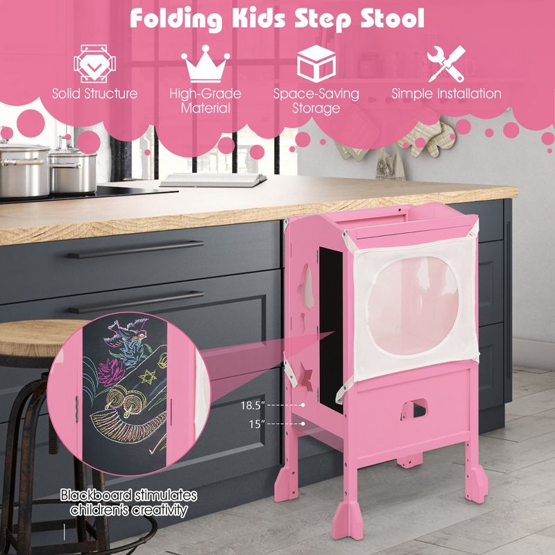 Costway Folding Wooden Kids Kitchen Step Stool with Adjustable Height & Safety Netting, 4 of 11