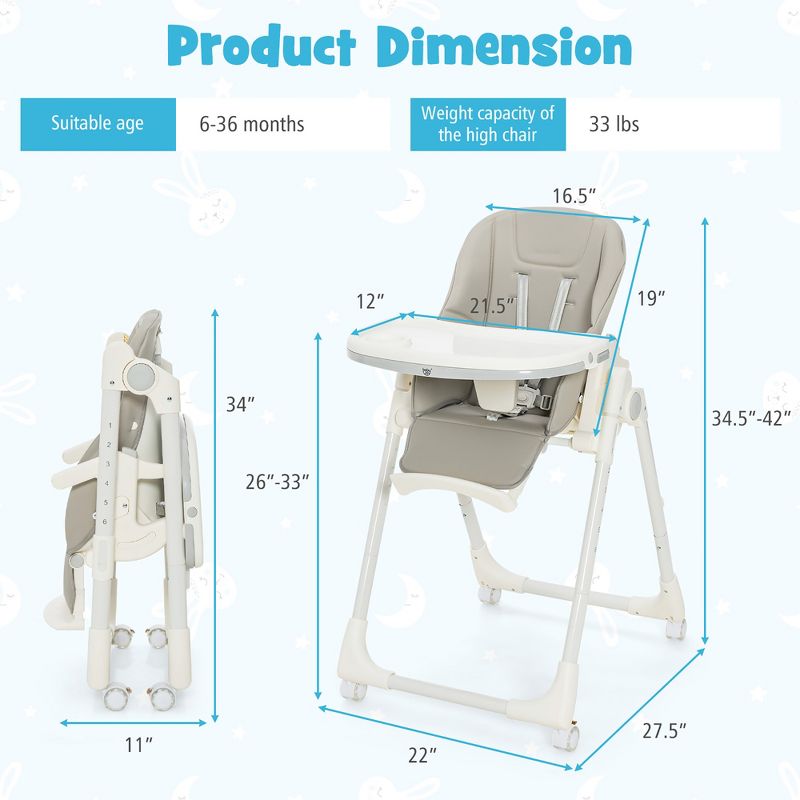 Babyjoy Foldable Highchair Baby Feeding Chair with 360° Rotating Wheels & Height Adjustment Grey/Beige/Pink, 3 of 7