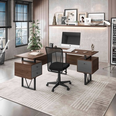 Gray L-Shaped Computer Desk with Drawers and File Cabinet