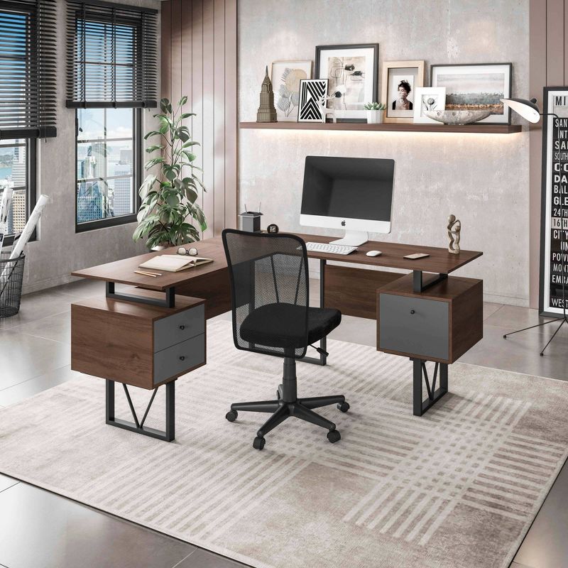 Reversible L Shaped Computer Desk with Drawers and File Cabinet Walnut - Techni Mobili, 6 of 12