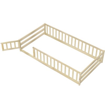 Costway Twin Size Floor Bed with Door & Fence with Safety Guardrails & Slats Support Gray/White/Beige