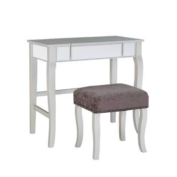 Harper Glam Flip-up Mirror Wood Vanity and Gray Upholstered Stool Mirror and Silver - Linon