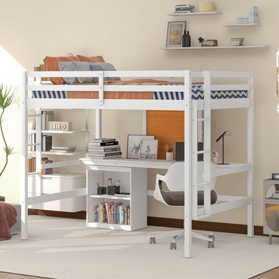 Wooden Loft Bed with Desk, Writing Board and 2 Drawers Cabinet - ModernLuxe