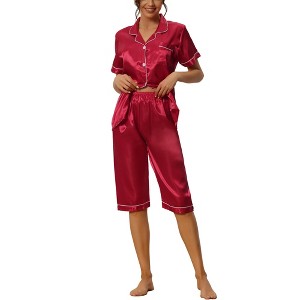 cheibear Women's Soft Satin Button Down with Capri Pants Lounge Pajama Set - 1 of 4