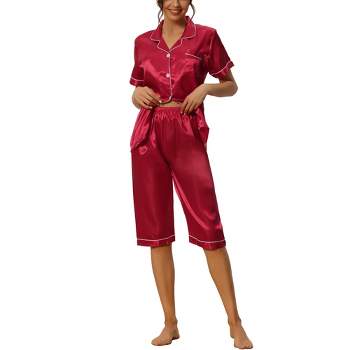 cheibear Women's Satin Pajama Sleepwear Button Down with Capri Pants Lounge Pjs Set