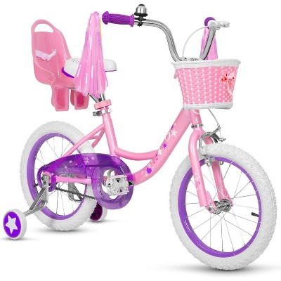 Weize Kids Bike 16 Inch Girls Bicycle for Age 4-7 Years Old, Pink Carbon Steel Frame Bikes with Adjustable Seat, Training Wheel, Basket and Doll Seat