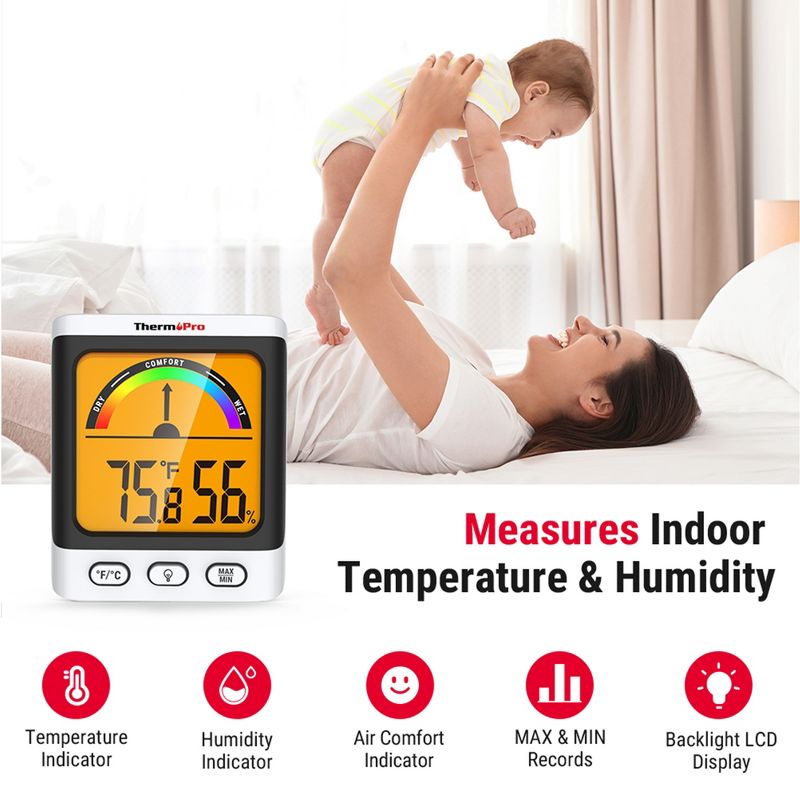 ThermoPro TP52 Digital Hygrometer Indoor Thermometer Temperature and Humidity Gauge Monitor Room Thermometer with Backlight LCD Display, 3 of 10