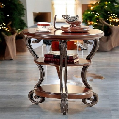 Alilang 22.00 Inch Traditional Round End Table with Two-Tier Shelves and Metal Accents - Brown Multi