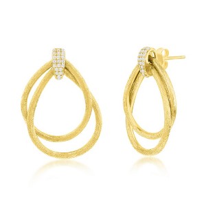 Bella Silver Sterling Silver, Double Pear-Shaped Brushed, CZ Earrings - Gold Plated - Gold - 1 of 2