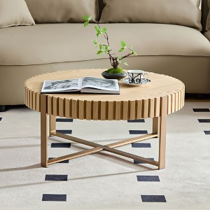 Damerin 31.5 Inch Handcraft Drum Round Accent Coffee Tables With Sturdy Pedestal-Natural Ash - 1 of 4