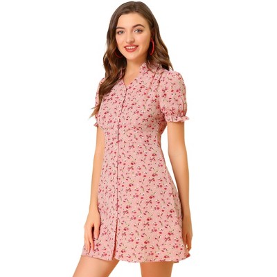 Allegra K Women's Floral Ruffle Neck Puff Short Sleeve Chiffon Mini Dress