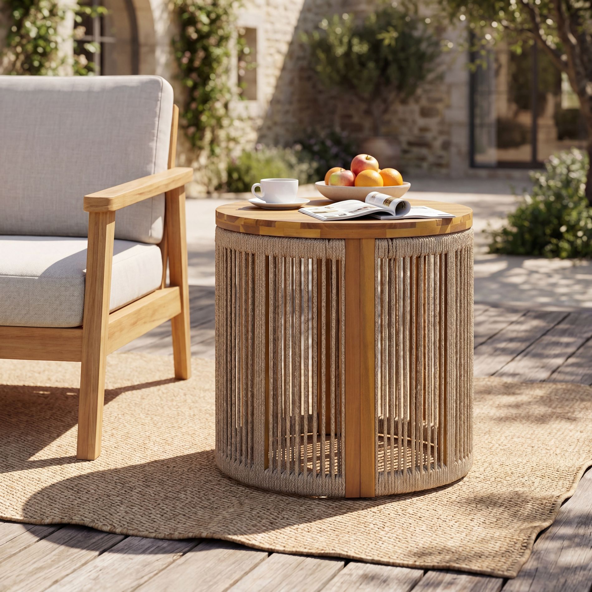Christopher Knight Home Sienna Bohemian Coastal Patio Acacia Wood Round Side Table with Rope Accents, Teak/Brown