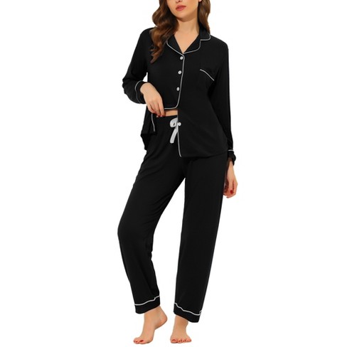 cheibear Women's Long Sleeves Pants Nightwear Button Down Lounge Pajamas  Set Black Large