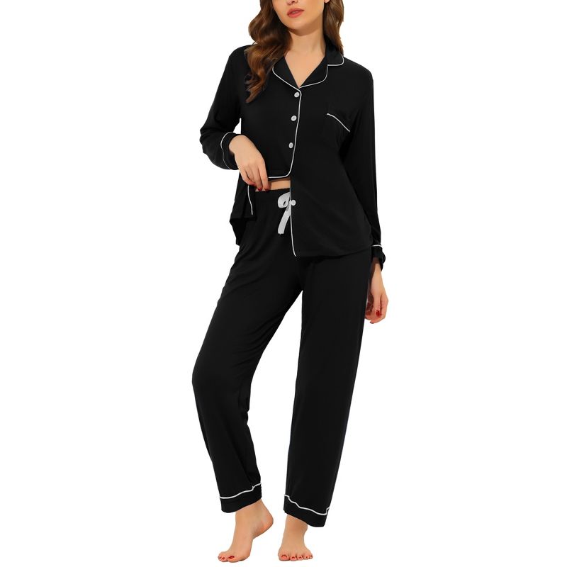 cheibear Women's Long Sleeves Pants Button Down Lounge Pajamas Set, 1 of 6