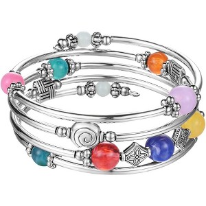 Beaded Pearl Bangle Wrap Bracelet with Thick Silver Metal Beads, Multilayer Bohemian Charm Jewelry for Women - 1 of 4