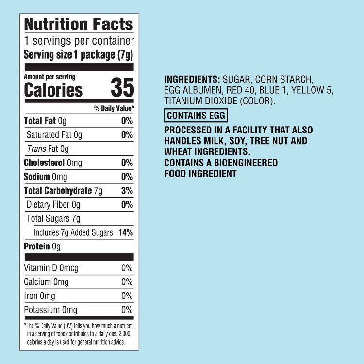 Nutrition label showing 35 calories per serving with ingredients including sugar, corn starch, egg albumen, and color additives, and a note that it contains egg and is processed in a facility handling various allergens.