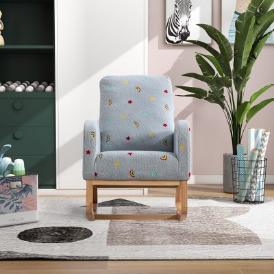 Rocking Chair With Side Pocket Mid Century Accent Rocker Armchair For Nursery, Living Room Upholstered Wooden Chair