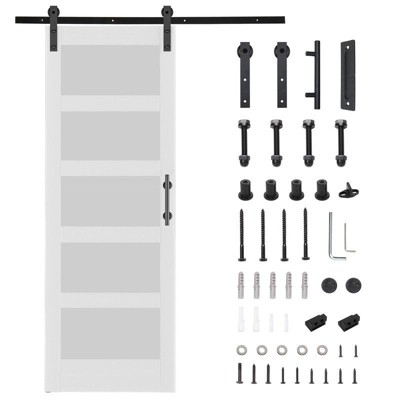 Karl Home 30 in. x 84 in. 5 Lite Tempered Frosted Glass White Primed Glass Sliding Wood Barn Door with Hardware Kit