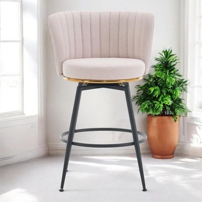 Alilang 21.26 inch Upholstered Swivel Bar Stool with Channel Tufted Backrest and Metal Base-Beige