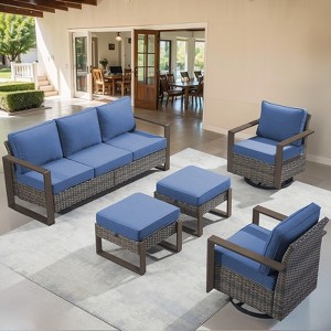 Buenhomino 5Pieces Patio Furniture Set, Outdoor Wicker Sofa Couch with Metal Armrest, Swivel Rocking Chairs, Ottomans - 1 of 4