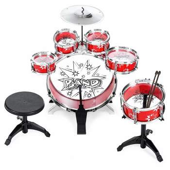 SKONYON 11 Piece Kids Drum Set Bass Tom Drums Snare Cymbal Stool Drumsticks Red