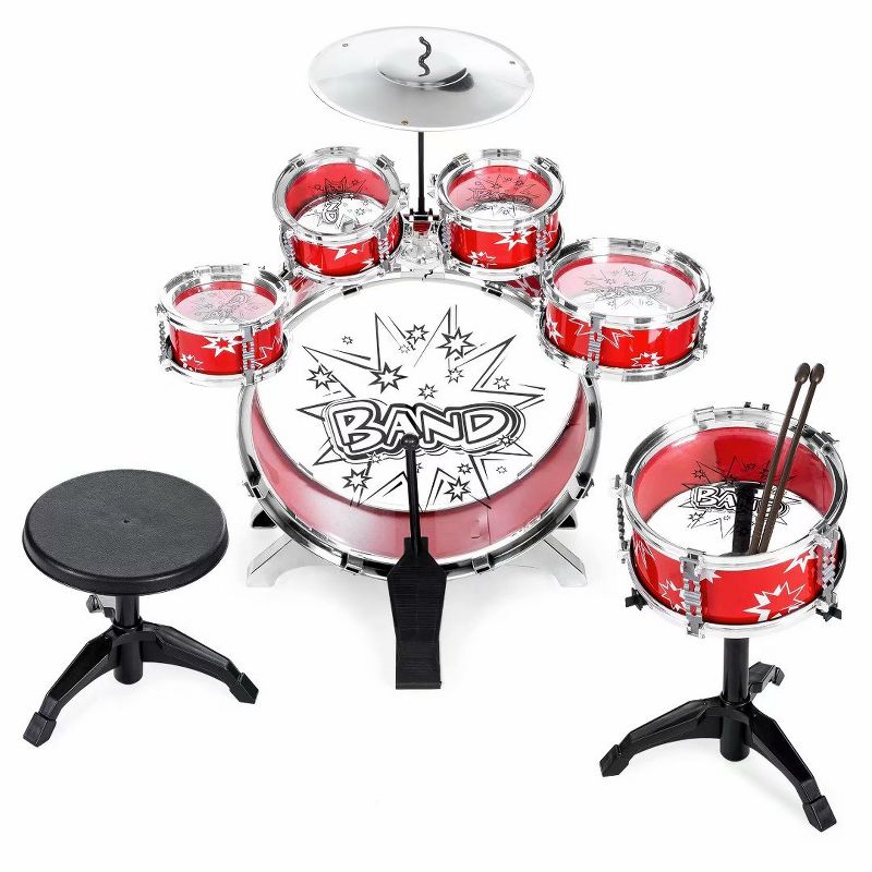 SKONYON 11 Piece Kids Drum Set Bass Tom Drums Snare Cymbal Stool Drumsticks Red, 1 of 9