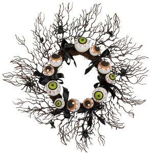 Northlight Eyeballs and Spiders Halloween Twig Wreath - 24" - Unlit - 1 of 4