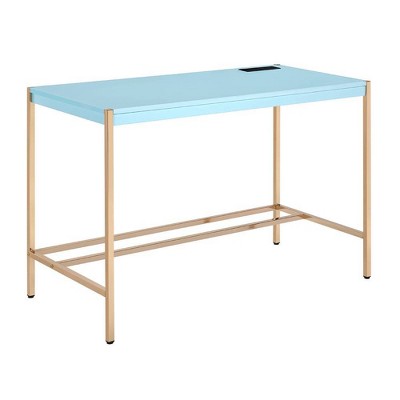 Elegant Baby Blue & Gold Writing Desk with USB & Filing Cabinet