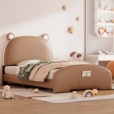 KTMBDW Twin Size Upholstered Platform Bed with Bear-shaped Headboard and Footboard for Girls and Boys