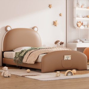 KTMBDW Twin Size Upholstered Platform Bed with Bear-shaped Headboard and Footboard for Girls and Boys - 1 of 4