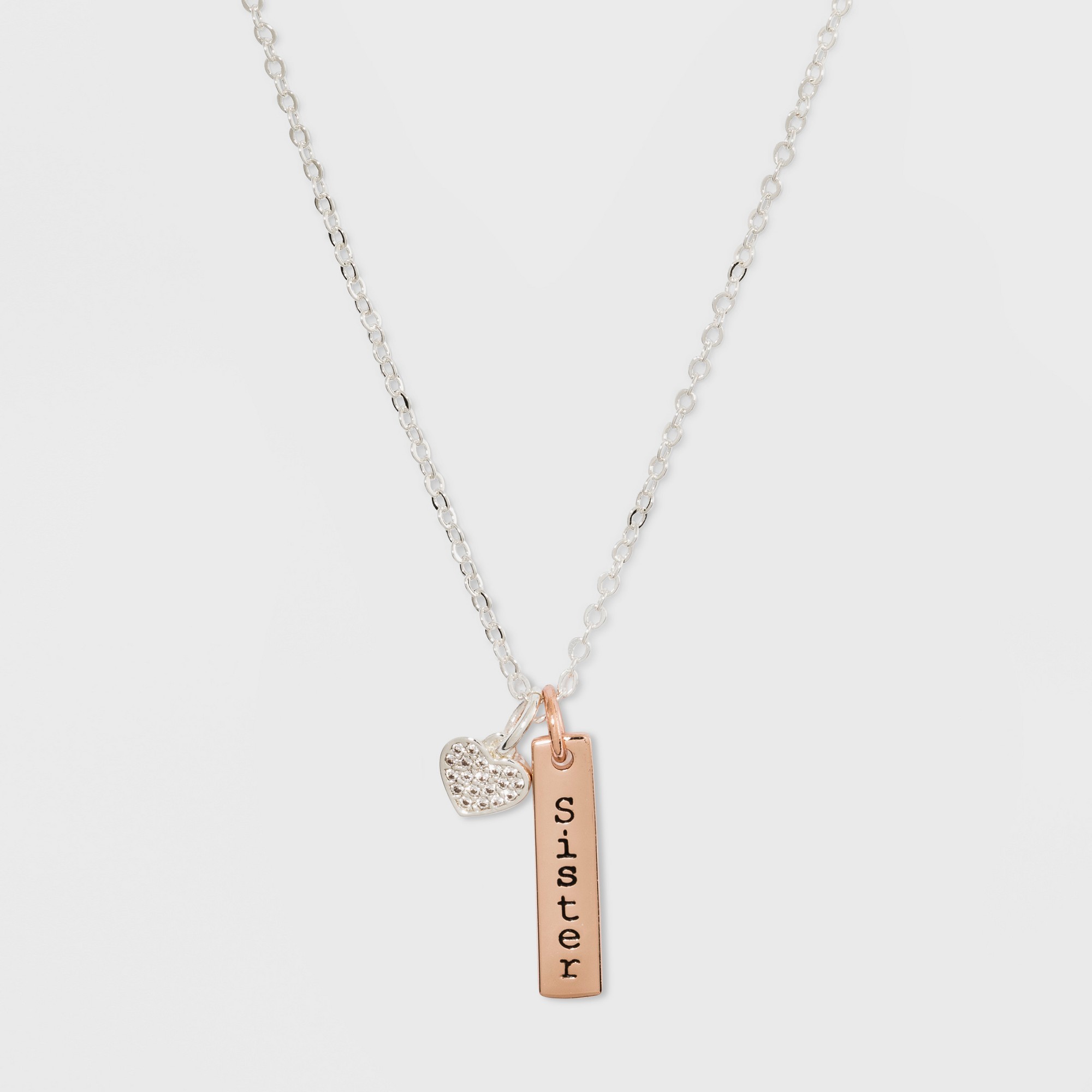 Silver Plated Heart Pave Sister Two Tone Charm Necklace - Silver/Rose Gold, Girl's thumbnail