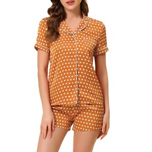 Allegra K Womens Short Sleeve Notch Collar Piped Button Down Sleepwear Polka Dots Pajama Sets - 1 of 4