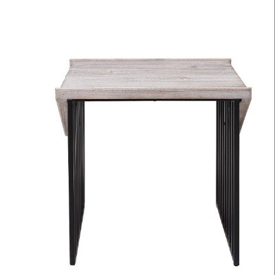 16" Natural Gray Reclaimed Pine Wood Corner Table with Black Metal Base