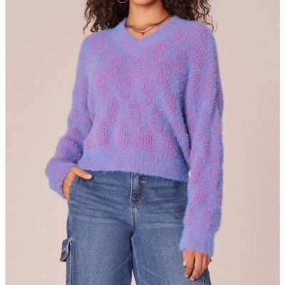 Women's Long Sleeve Double V-Neck Two Tone Eyelash Sweater - Democracy